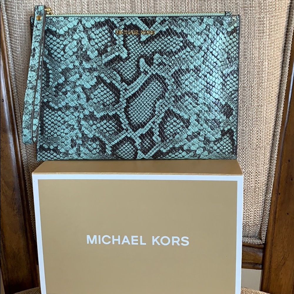 Michael Kors XL Zip Clutch Embossed Leather Jade